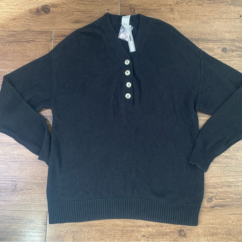 PINK Victoria's Secret Black Knit Henley Sweater L